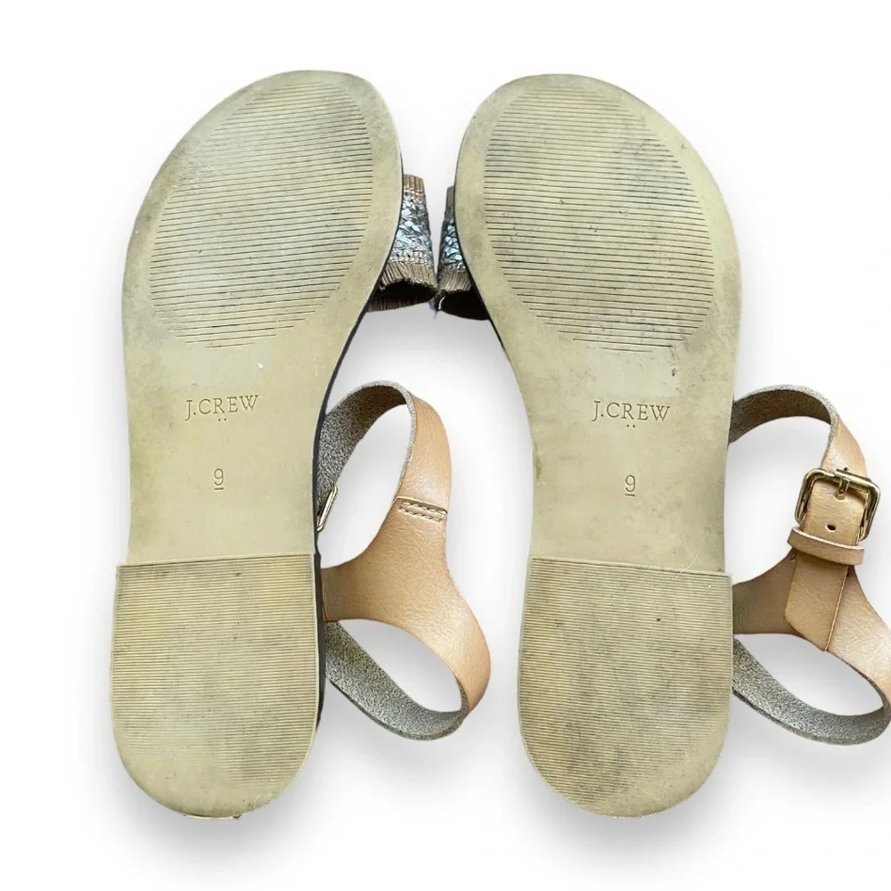 J Crew Factory Raffia Silver and Tan Woven Straw Fringe Sandals | Size 9 - Picture 8 of 13